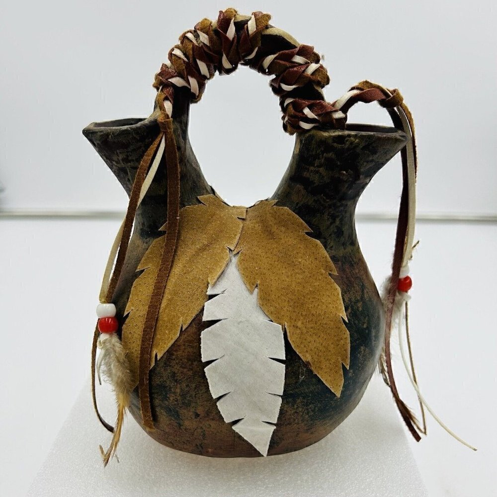 Native American Wedding Vase Suede Feathers Leather Band Double Spout 8" x 6"
